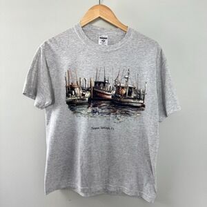 Jerzees Grey Tarpon Springs,FL Docked Boats Graphic T-Shirt Women's M